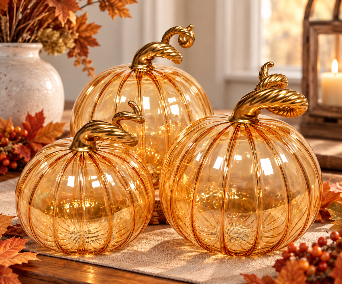 Blown Glass Tabletop Pumpkin - Iridescent Cinnamon
