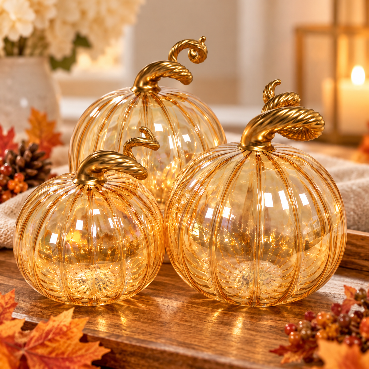 Blown Glass Tabletop Pumpkin - Iridescent Amber