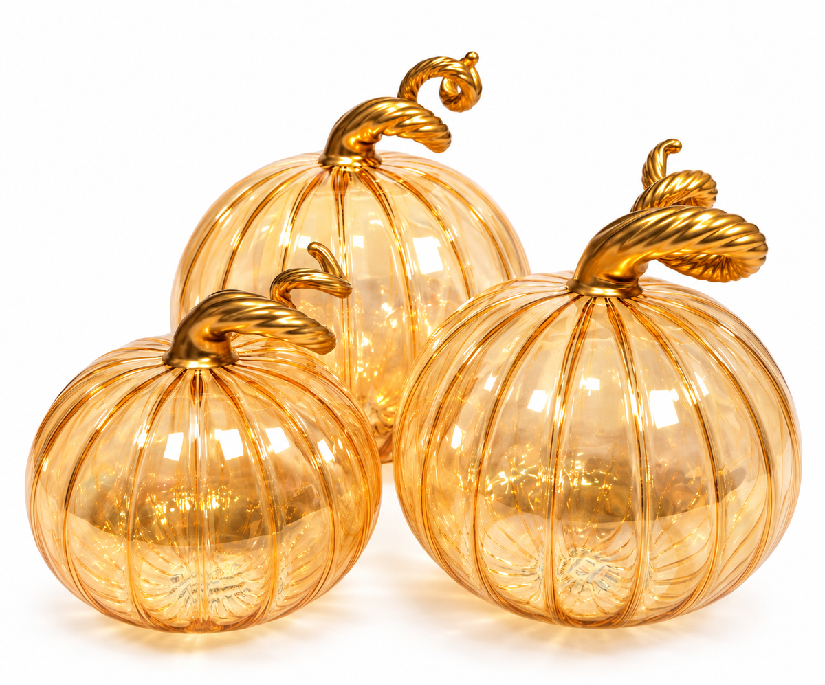 Blown Glass Tabletop Pumpkin - Iridescent Amber